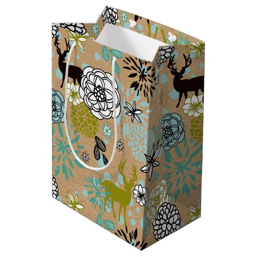 Blauwgroen blauw groen flesje en deer art pattern medium cadeauzakje (Achterkant Gekanteld)