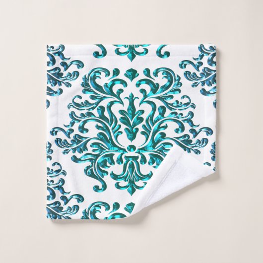 Blauwgroen Blauw Groen Floral Damask op White Towe Bad Handdoek (Wasdoekje)