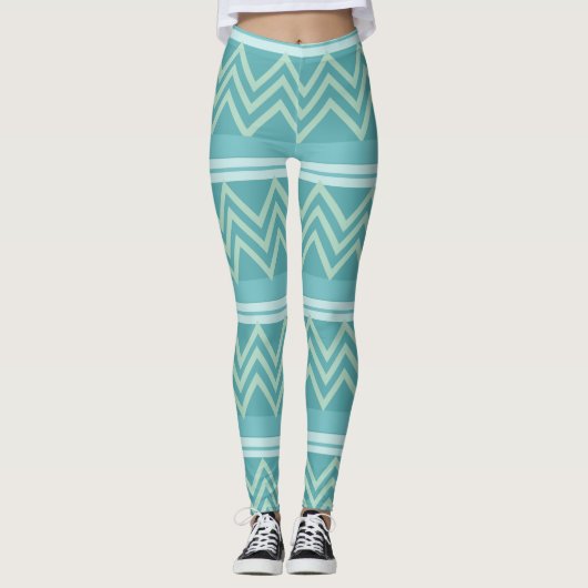 Blauwgroen Blauw Groen Geometric Chevron Pattern Leggings (Voorkant)
