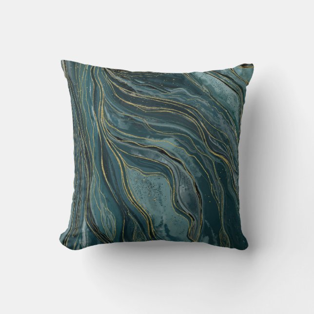 Blauwgroen Blauw Groen Goud Abstracte Waterverf Go Kussen (Voorkant)