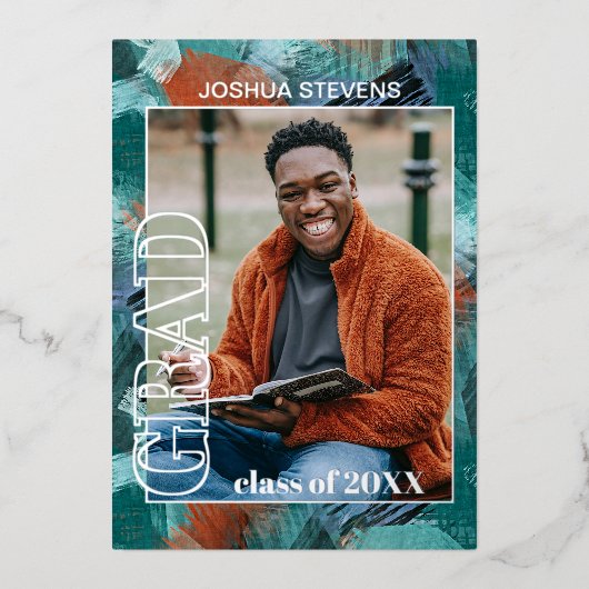 Blauwgroen blauw groen olievlek Afstuderen bekendm Folie Uitnodiging (Voorkant)