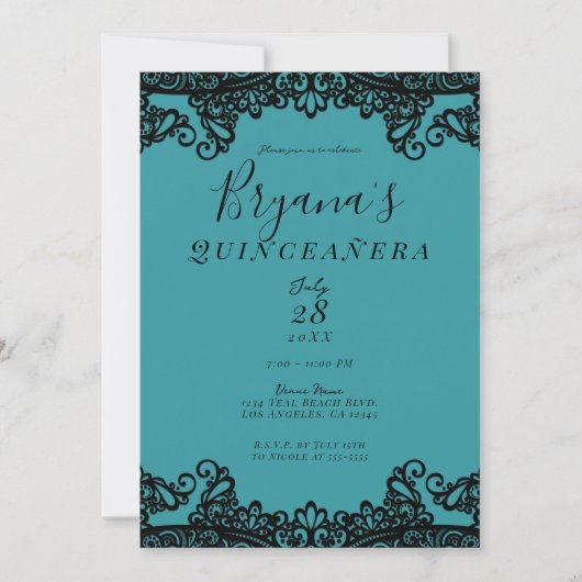 Blauwgroen Blauw Groen Zwart Gezicht 15e Quinceañe Kaart (Voorkant)