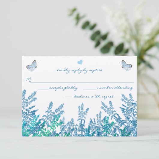 Blauwgroen Blauw Groene Wildflower Vlinderbruiloft RSVP Kaartje (Staand voorkant)