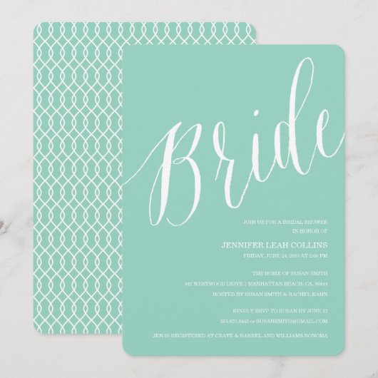 Blauwgroen blauw kalligrafie Bridal Shower-uitnodi Kaart (Voorkant / Achterkant)
