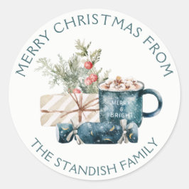 Blauwgroen blauw kerstfeest met warme chocolade ronde sticker