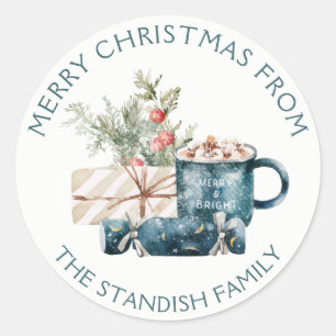 Blauwgroen blauw kerstfeest met warme chocolade ronde sticker