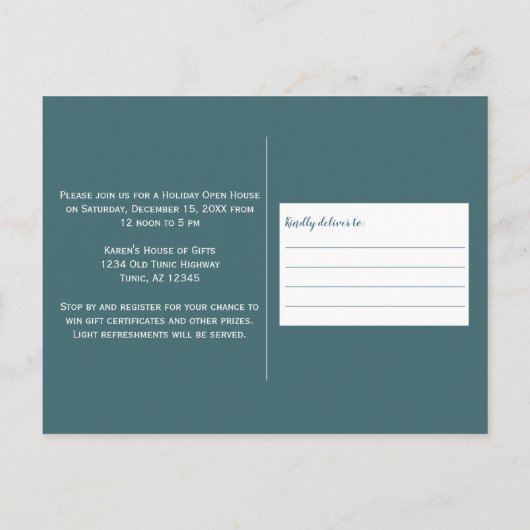 Blauwgroen blauw kerstfeest Open House Briefkaart (Achterkant)