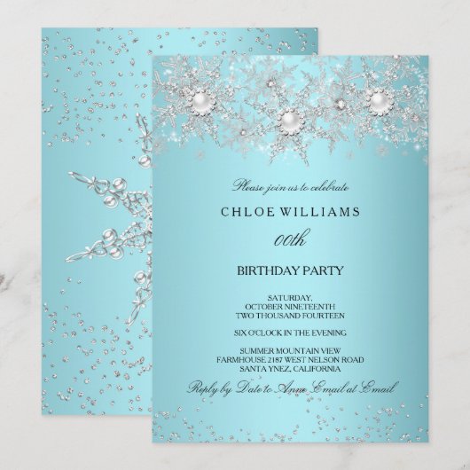 Blauwgroen blauw kristal Pearl Snowflake Silver Wi Kaart (Voorkant / Achterkant)