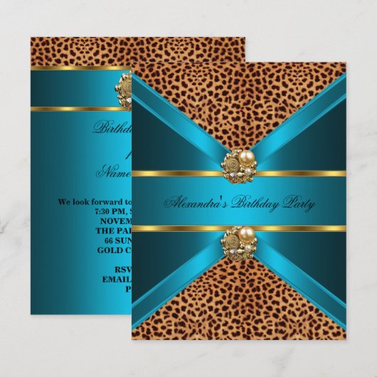 Blauwgroen blauw leopardgoud Elegant Black Birthda Kaart (Voorkant / Achterkant)