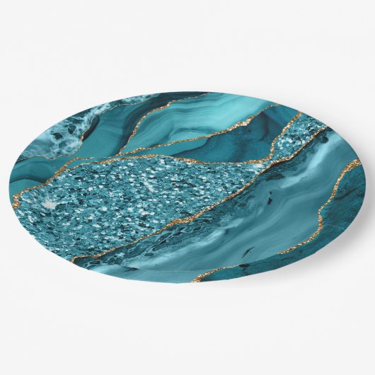 Blauwgroen blauw marmer Geode Gold Glitter Agate Papieren Bordje (Gekanteld)