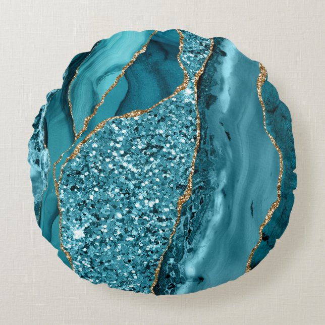 Blauwgroen blauw marmer Geode Gold Glitter Agate Rond Kussen (Voorkant)