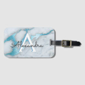 Blauwgroen Blauw Marmer Monogram Naam en Initiaal Bagagelabel (Voorkant (horizontaal))