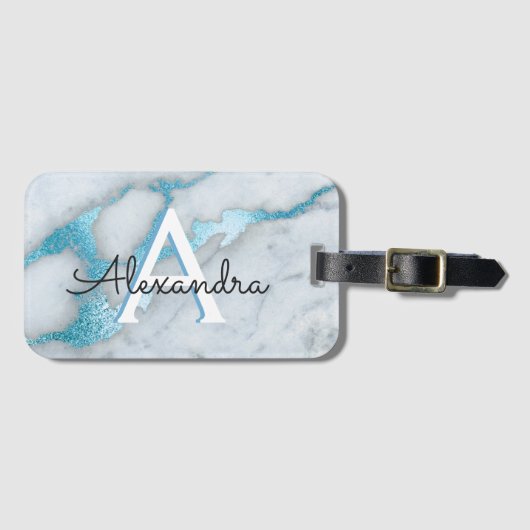 Blauwgroen Blauw Marmer Monogram Naam en Initiaal Bagagelabel (Voorkant (horizontaal))