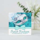Blauwgroen Blauw Masquerade Party Kaart (Staand voorkant)