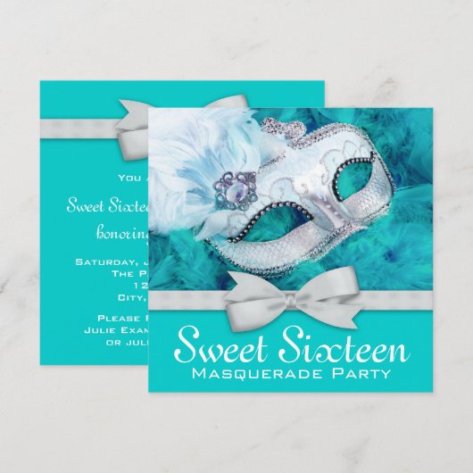 Blauwgroen Blauw Masquerade Party Kaart (Voorkant / Achterkant)