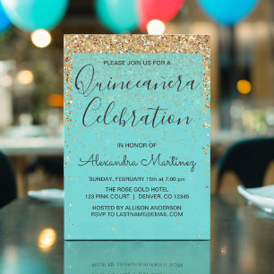 Blauwgroen Blauw Meisje Glitter Sparkle Quinceaner Kaart