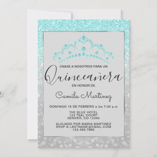 Blauwgroen Blauw Meisje Glitter Sparkle Quinceaner Kaart (Voorkant)