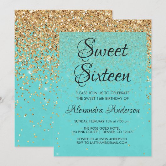 Blauwgroen Blauw Meisje Glitter Sparkle Sweet 16 V Kaart (Voorkant / Achterkant)