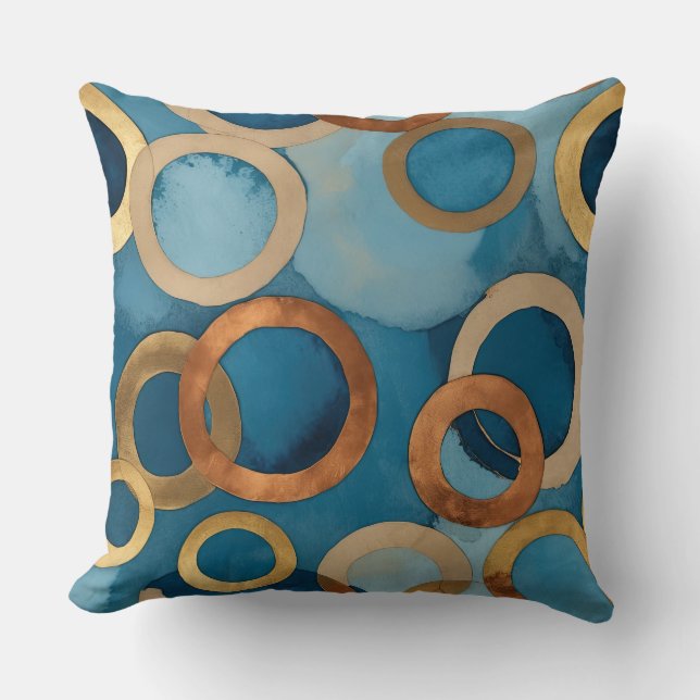 blauwgroen-blauw met gouden en gedempte koperringe kussen (Voorkant)