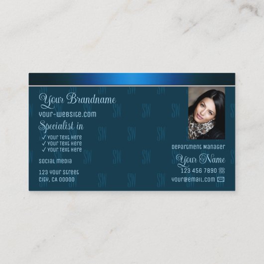 Blauwgroen Blauw met Logo Foto en Monogram Patroon Visitekaartje (Achterkant)