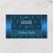 Blauwgroen Blauw met Logo Foto en Monogram Patroon Visitekaartje (Voorkant)
