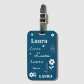 Blauwgroen blauw met witte bloemen, Gepersonalisee Bagagelabel (Voorkant (verticaal))