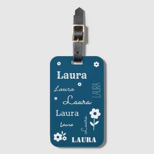 Blauwgroen blauw met witte bloemen, Gepersonalisee Bagagelabel (Voorkant (verticaal))