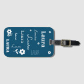 Blauwgroen blauw met witte bloemen, Gepersonalisee Bagagelabel (Voorkant (horizontaal))