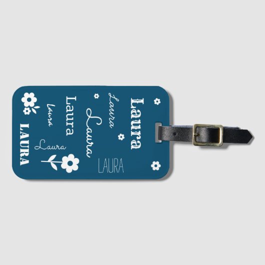 Blauwgroen blauw met witte bloemen, Gepersonalisee Bagagelabel (Voorkant (horizontaal))