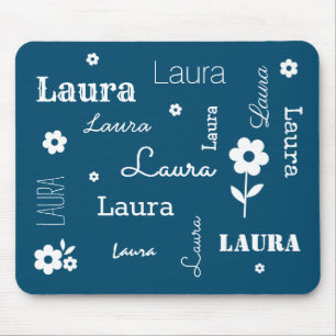 Blauwgroen blauw met Witte Bloemen, Gepersonalisee Muismat