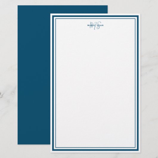 Blauwgroen Blauw Minimalistisch Eenvoudig Monogram Briefpapier (Voorkant / Achterkant)