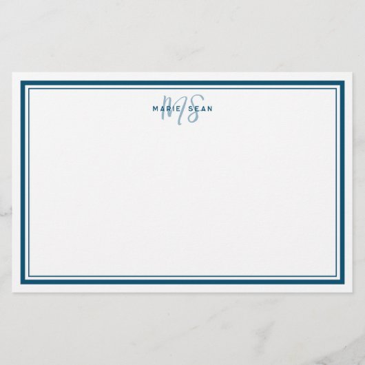 Blauwgroen Blauw Minimalistisch Eenvoudig Monogram Briefpapier (Voorkant)