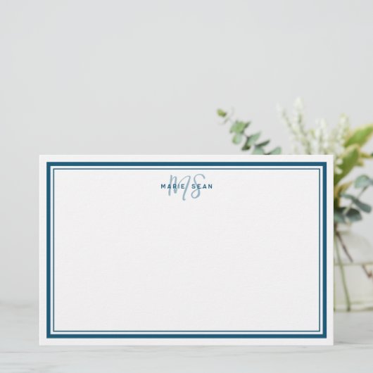 Blauwgroen Blauw Minimalistisch Eenvoudig Monogram Briefpapier (Staand voorkant)