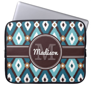 Blauwgroen blauw/Mocha Brown Boho Ikat Diamond Pat Laptop Sleeve