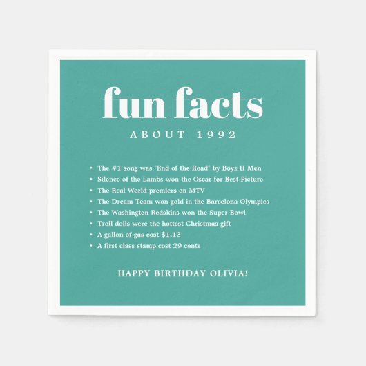 Blauwgroen Blauw Modern Minimal Fun Facts Verjaard Servet (Voorkant)