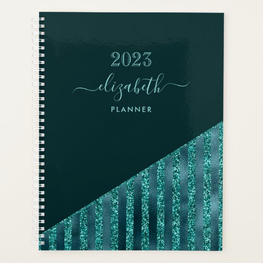 Blauwgroen Blauw Modern Trendy Glam Glitter Persoo Planner (Voorkant)