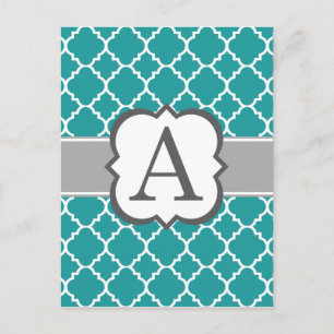 Blauwgroen Blauw Monogram Letter A Quatrefoil Briefkaart