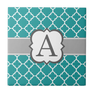 Blauwgroen Blauw Monogram Letter A Quatrefoil Tegeltje
