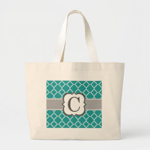 Blauwgroen Blauw Monogram Letter C Quatrefoil Grote Tote Bag