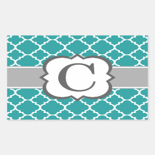 Blauwgroen Blauw Monogram Letter C Quatrefoil Rechthoekige Sticker