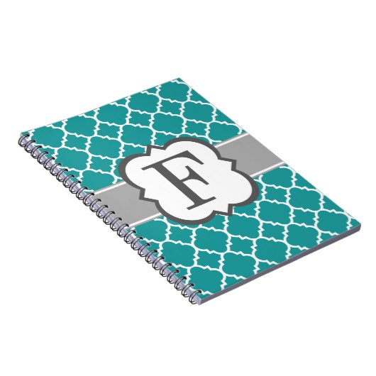Blauwgroen Blauw Monogram Letter F Quatrefoil Notitieboek (Rechterzijde)
