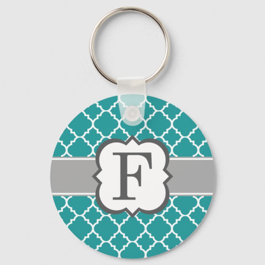 Blauwgroen Blauw Monogram Letter F Quatrefoil Sleutelhanger (Voorkant)
