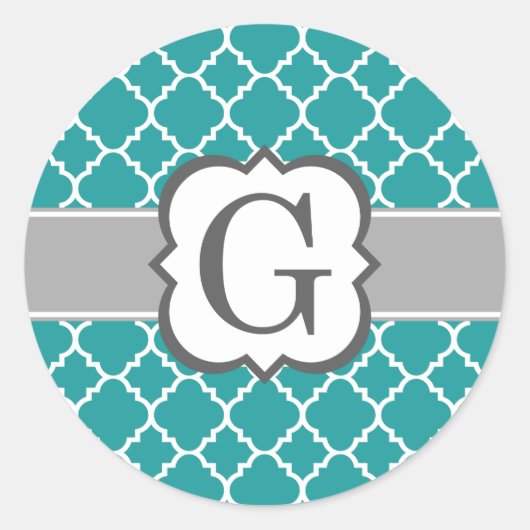Blauwgroen Blauw Monogram Letter G Quatrefoil Ronde Sticker (Voorkant)
