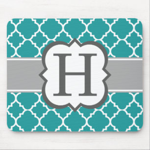 Blauwgroen Blauw Monogram Letter H Quatrefoil Muismat