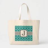 Blauwgroen Blauw Monogram Letter J Quatrefoil Grote Tote Bag (Voorkant)