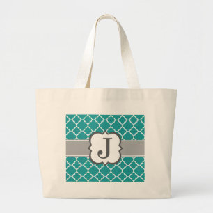 Blauwgroen Blauw Monogram Letter J Quatrefoil Grote Tote Bag