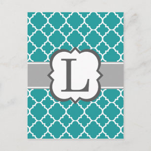 Blauwgroen Blauw Monogram Letter L Quatrefoil Briefkaart