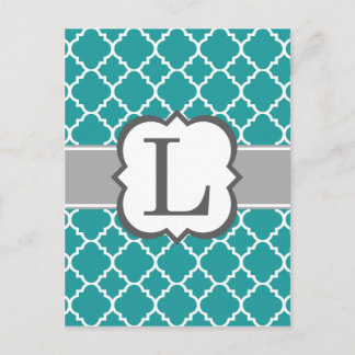 Blauwgroen Blauw Monogram Letter L Quatrefoil Briefkaart