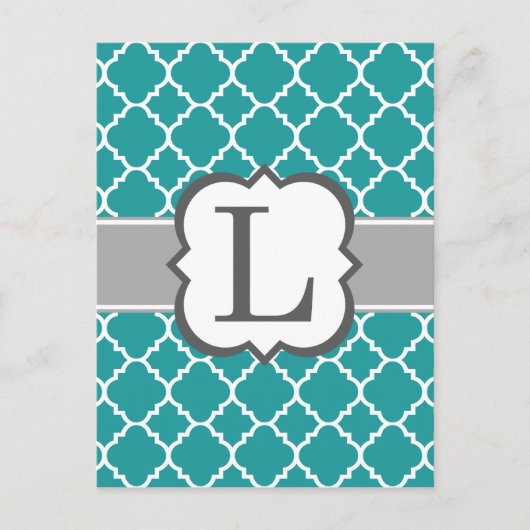 Blauwgroen Blauw Monogram Letter L Quatrefoil Briefkaart (Voorkant)