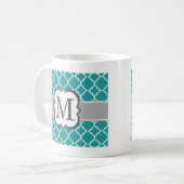 Blauwgroen Blauw Monogram Letter M Quatrefoil Koffiemok (Voorkant links)